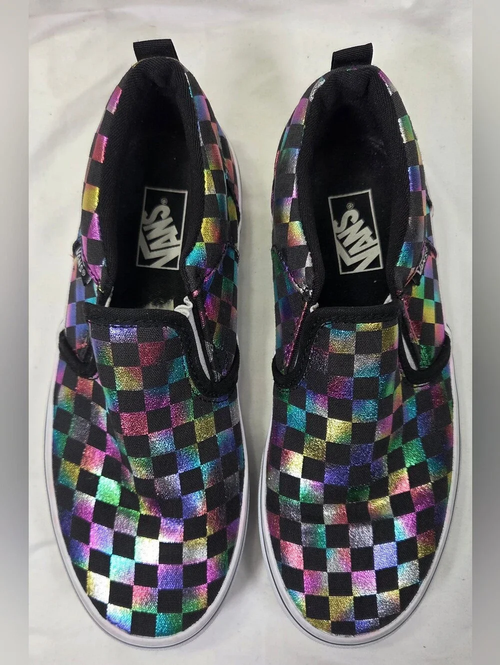 Vans Kids Slip-On Sneakers Black with Iridescent Rainbow Checkerboard Girl Sz 4